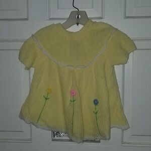 Vintage Handmade Knit Crochet Baby girl dress Yellow & white soft spun made in J